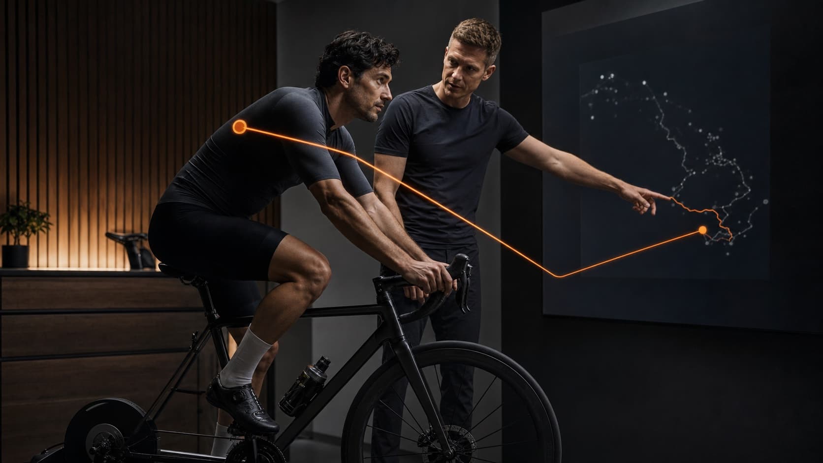 Fitter and cyclist reviewing a position decision together