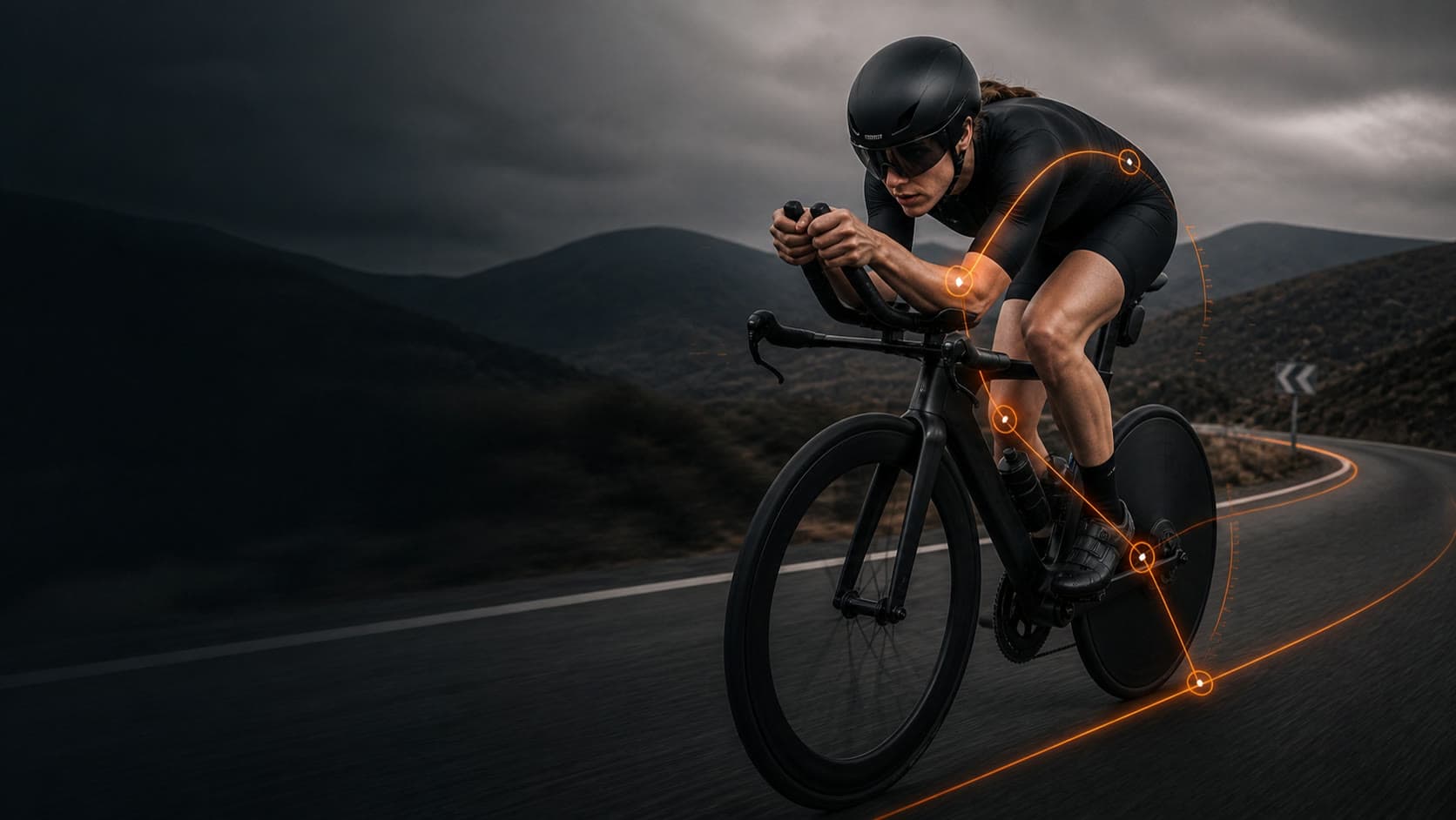 Triathlete riding in an aero position on a rolling course